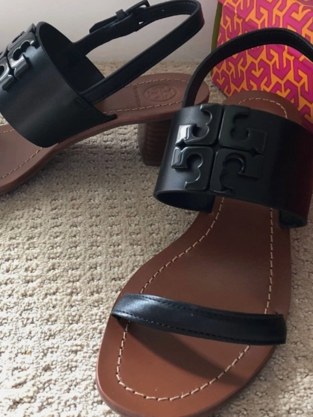 Tory Burch Lowell Women’s Slingback Black Leather Heeled Sandal (Size: 7M)